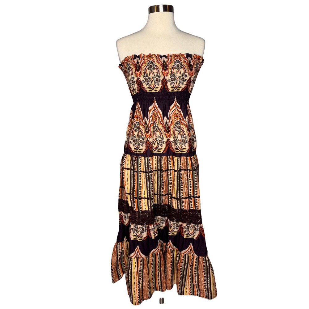 Antilia Femme 100% Cotton Bohemian Festival Midi Dress Brown Paisley Small